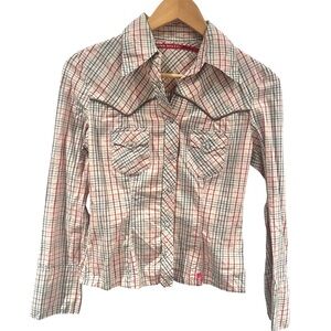 Miss Sixty Western Plaid 100% Cotton Top Pearl Buttons Size Small